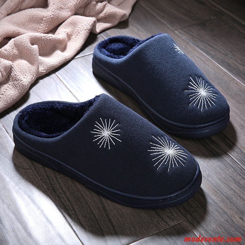 Chaussons Homme Semelle Doux Matelassé Femme De Maison Hiver Tongs Chaussons Bleu