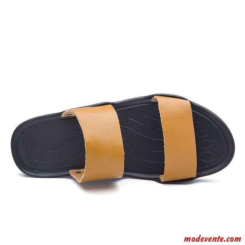 Chaussons Homme Été Antidérapant Cuir Véritable Outwear Tongs Chaussons Mode Noir