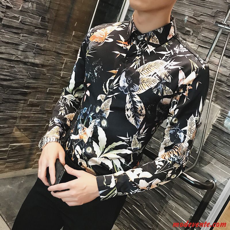 Chemise Homme Bétail Slim Fleur Décontractée Tendance Soie Noir