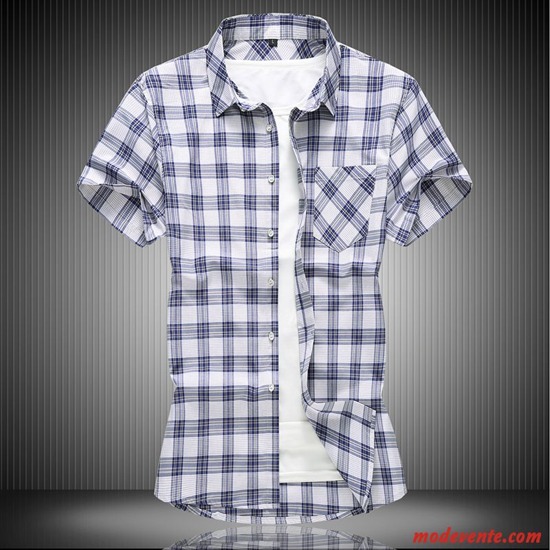 Chemise Homme Carreaux Été Courte Baggy Grande Taille Décontractée Bleu