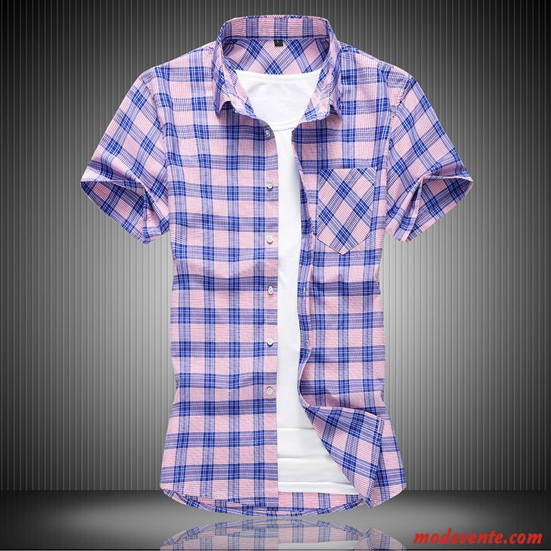 Chemise Homme Carreaux Été Courte Baggy Grande Taille Décontractée Bleu