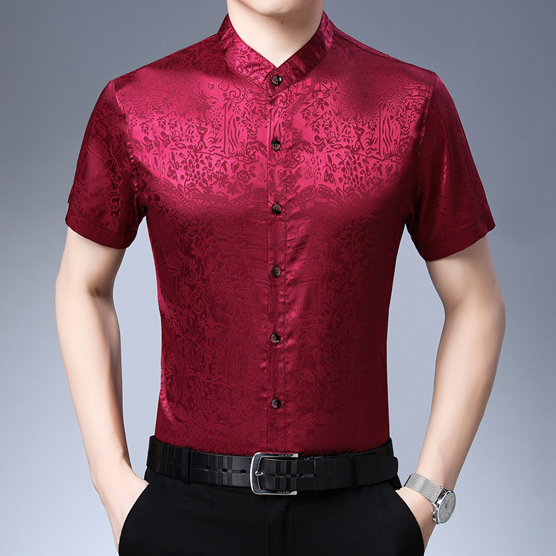 Chemise Homme Chemisette Décontractée Baggy Style Chinois Tendance Été Impression Rouge