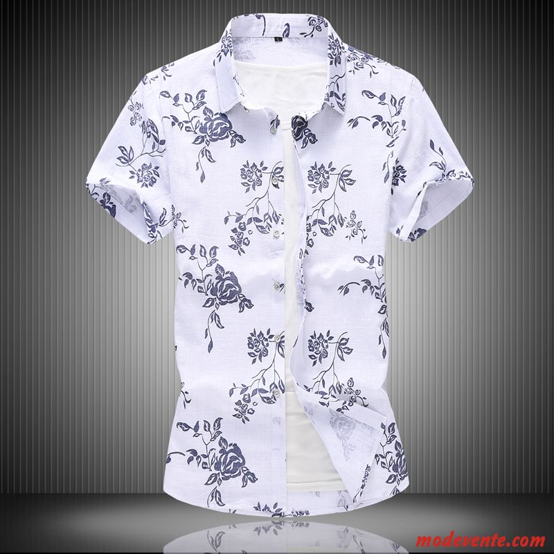 Chemise Homme Chemisette Lin Demi Manche Grande Taille Été Fleur Rouge