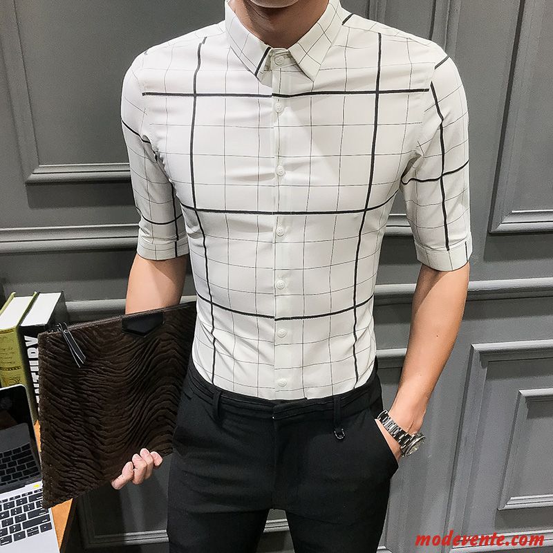 Chemise Homme Courte Britanique Slim Beau Carreaux Décontractée Blanc