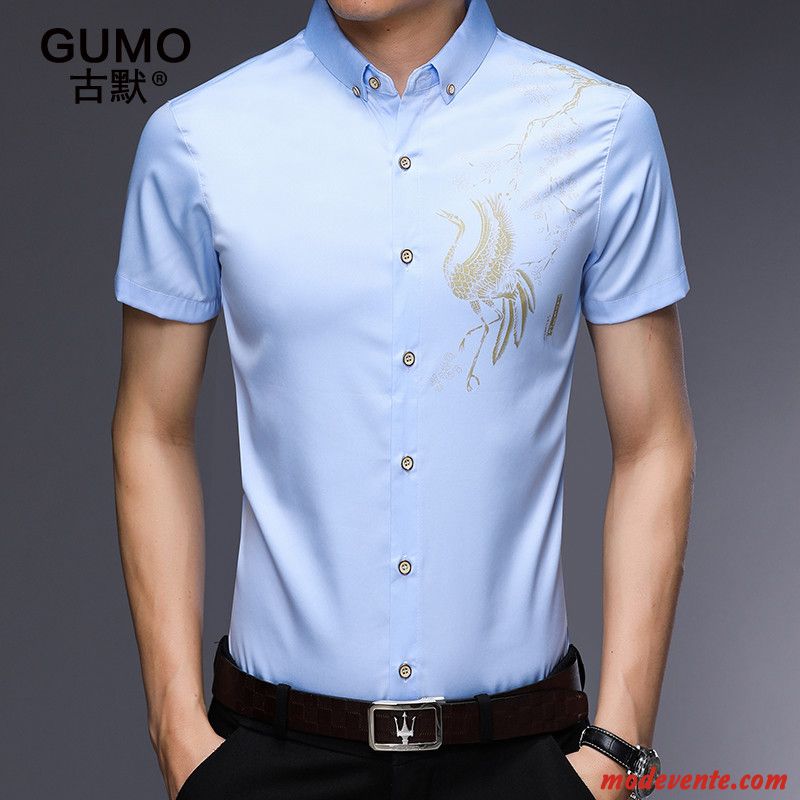 Chemise Homme Décontractée Beau Mince Courte Tendance Été Impression Bleu