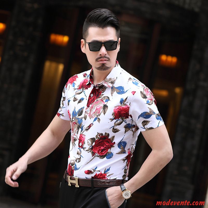 Chemise Homme Fleur Tendance Été Style Chinois Demi Manche Courte Rose Impression Bleu