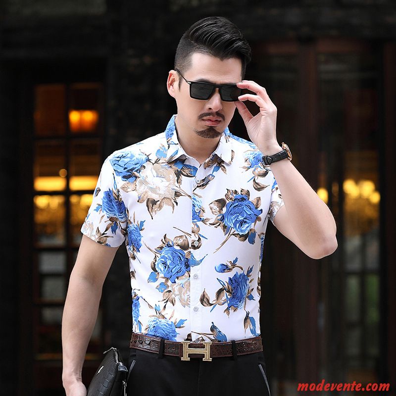 Chemise Homme Fleur Tendance Été Style Chinois Demi Manche Courte Rose Impression Bleu