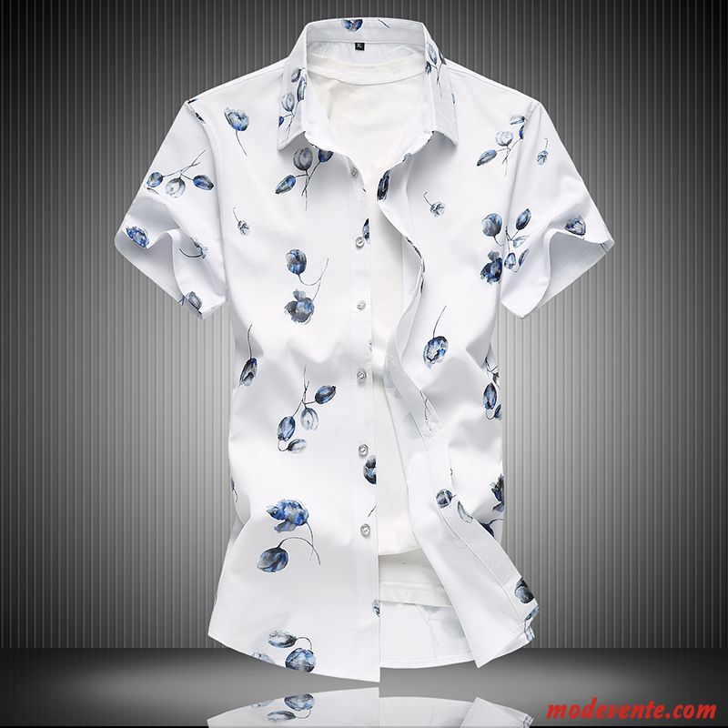 Chemise Homme Grande Taille Décontractée Chemisette Baggy Tendance Été Impression Blanc