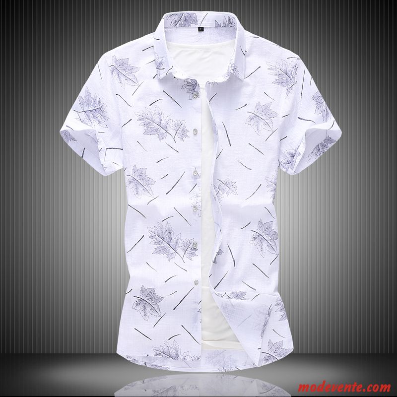 Chemise Homme Lin Grande Taille Été Fleur Chemisette Demi Manche Blanc