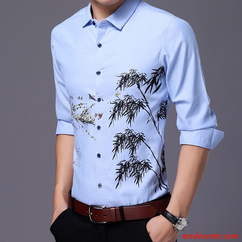 Chemise Homme Modèle Décontractée Feuilles Soie De Glace Tendance Longues Impression Bleu