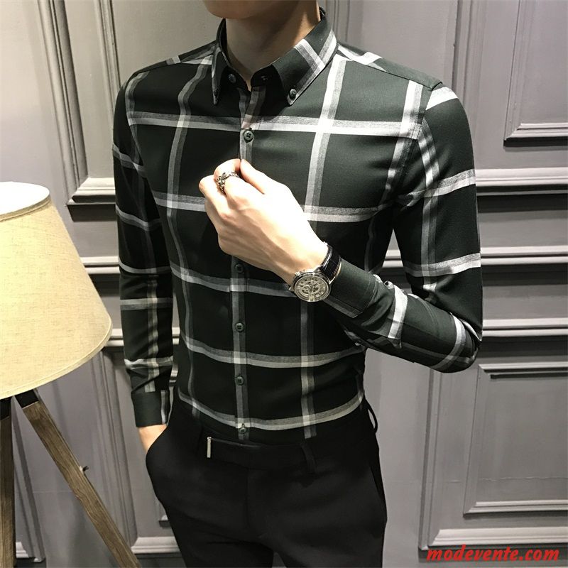 Chemise Homme Slim Décontractée Britanique Beau Mode Carreaux Brun