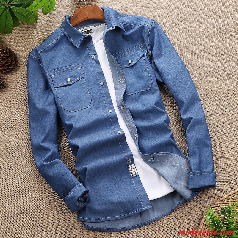 Chemise Homme Slim Une Veste Denim Printemps Jeunesse Légère Pure Bleu