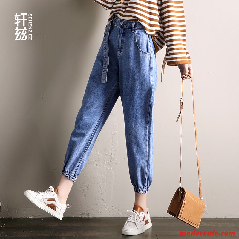 Jeans Femme Baggy Printemps L'automne Serrés Haute Cintrée Rétro Bleu Clair