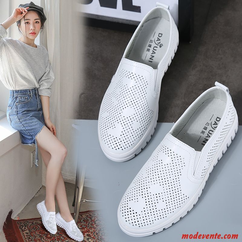 Mocassins Femme Respirant Été Cuir Véritable Creux Guipure Slip-on Plates Argent