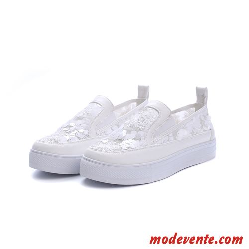 Mocassins Femme Slip-on Décontractée Creux Guipure Paillette Derbies Respirant Blanc