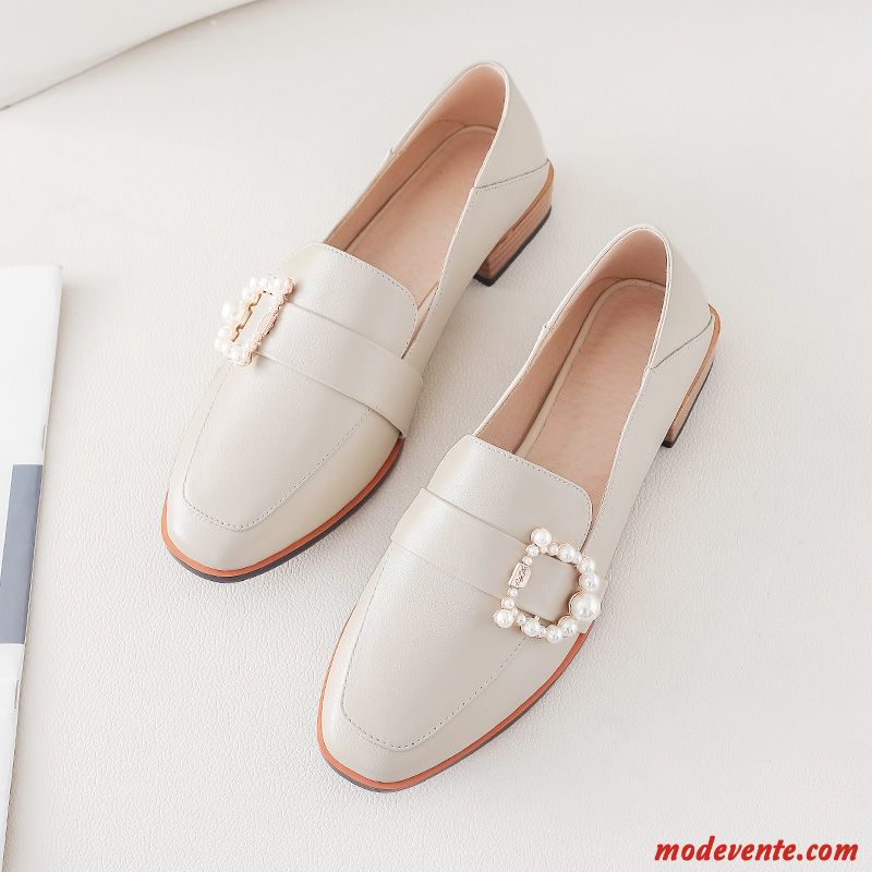 Mocassins Femme Tête Carrée Tous Les Assortis Slip-on Printemps L'automne Chaussures En Cuir Blanc