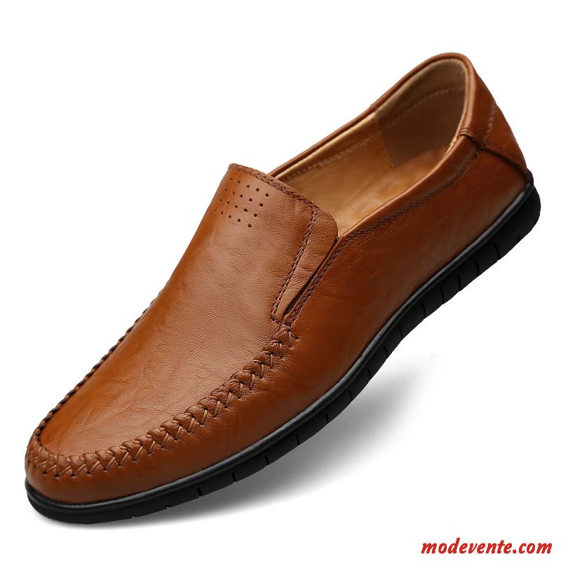 Mocassins Homme Respirant Slip-on Cuir Véritable Semelle Doux Dessus Cuir Printemps Marron