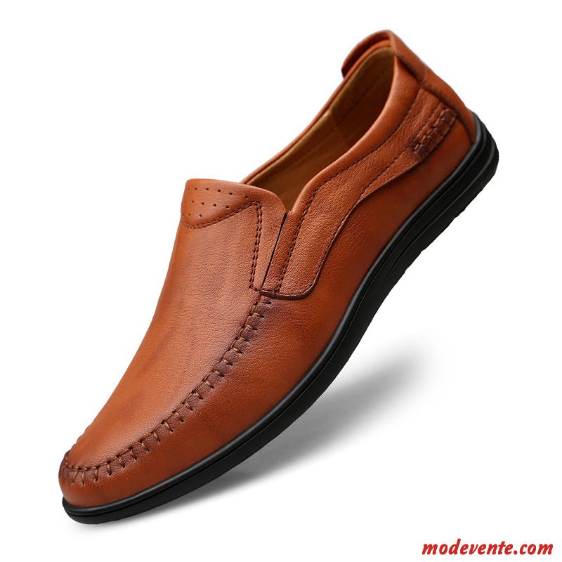 Mocassins Homme Respirant Slip-on Cuir Véritable Semelle Doux Dessus Cuir Printemps Marron