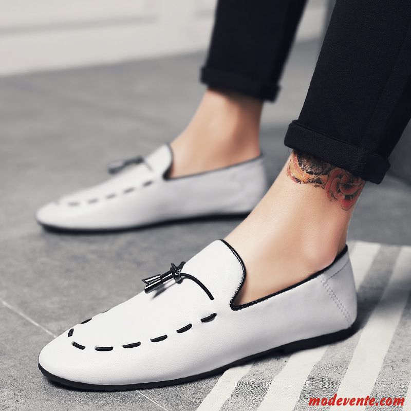 Mocassins Homme Tendance Europe Cuir Véritable Décontractée Respirant Tous Les Assortis Blanc