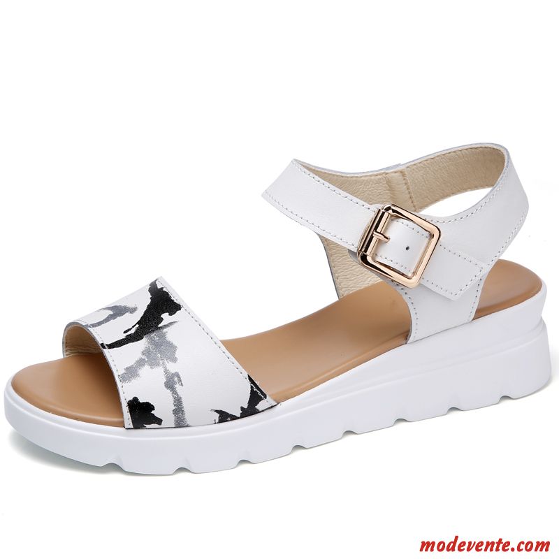 Sandales Femme Cuir Véritable Antidérapant Talons Compensés Talon Moyen Étudiant Tous Les Assortis Blanc