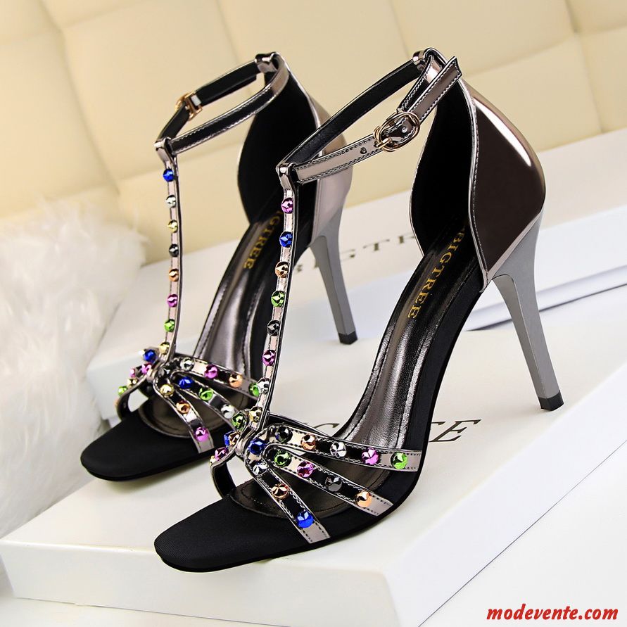 Sandales Femme Tous Les Assortis Imitation Strass Été Escarpins Creux Guipure Minces Noir