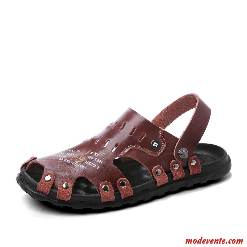 Sandales Homme Décontractée Cuir Véritable Plage Mode Été Tendance Bordeaux