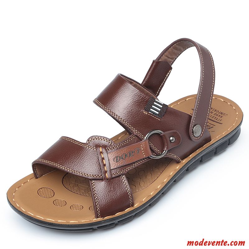 Sandales Homme Décontractée Tendance Plage En Cuir Mode Semelle Doux Brun