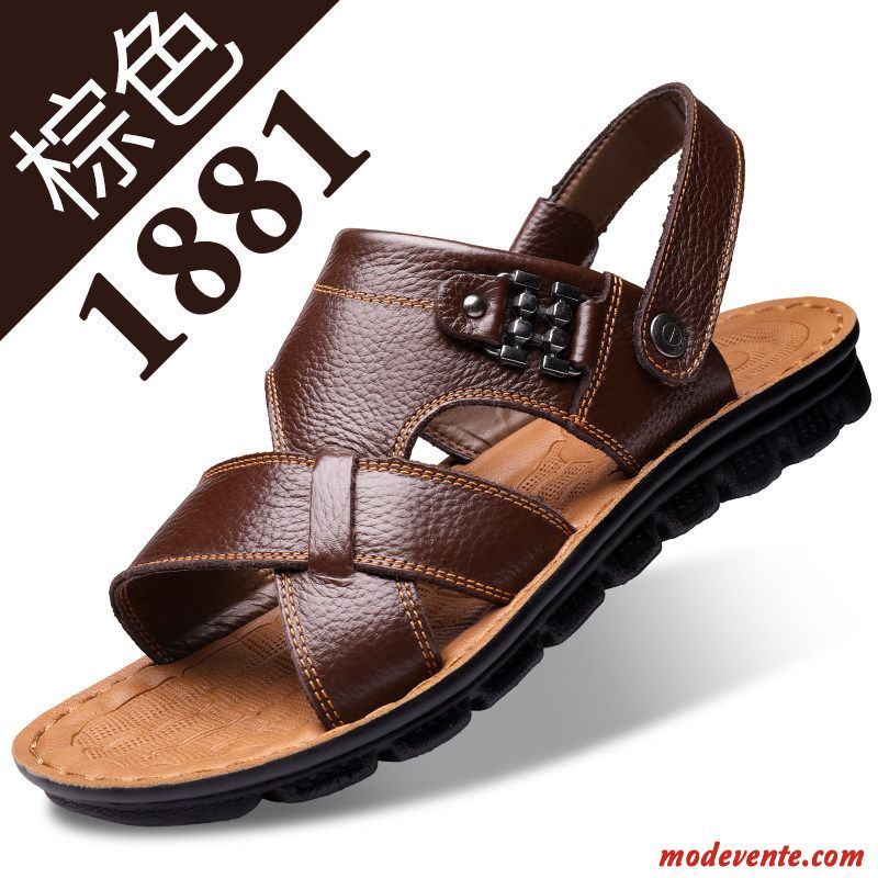 Sandales Homme Plage Semelle Doux Été Tongs Chaussons Grande Taille En Cuir Brun