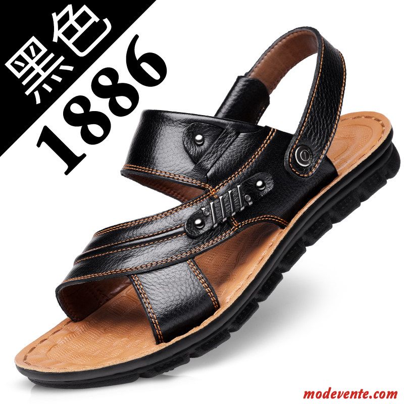 Sandales Homme Plage Semelle Doux Été Tongs Chaussons Grande Taille En Cuir Brun