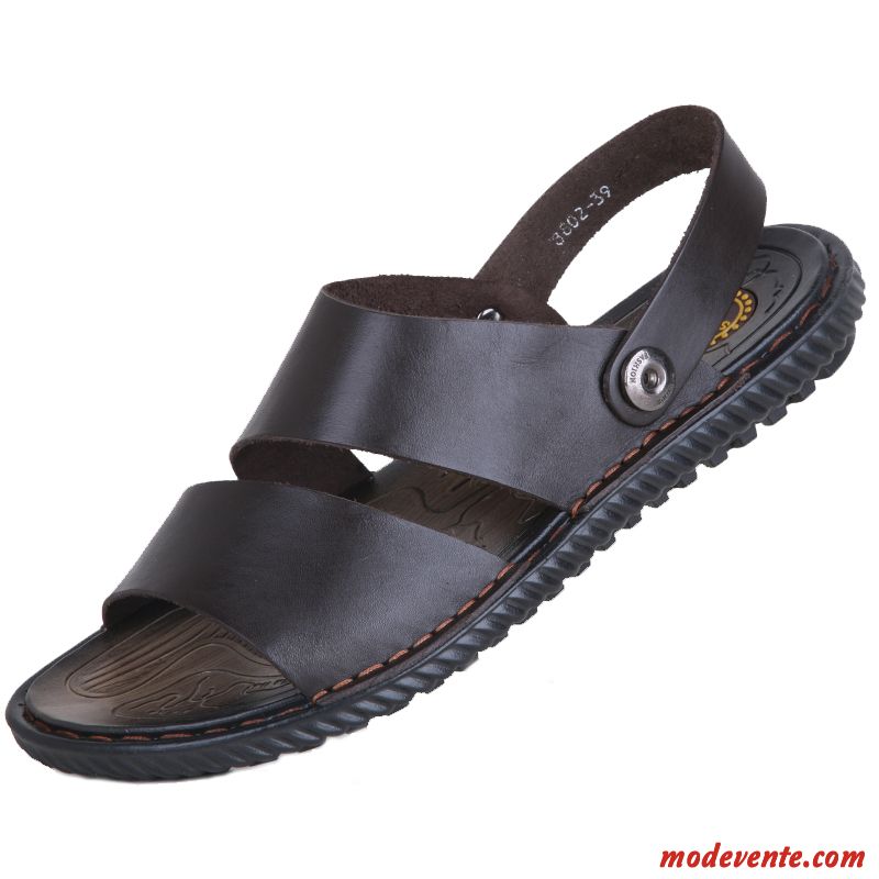 Sandales Homme Respirant Cuir Véritable Tendance Plage Été Antidérapant Noir