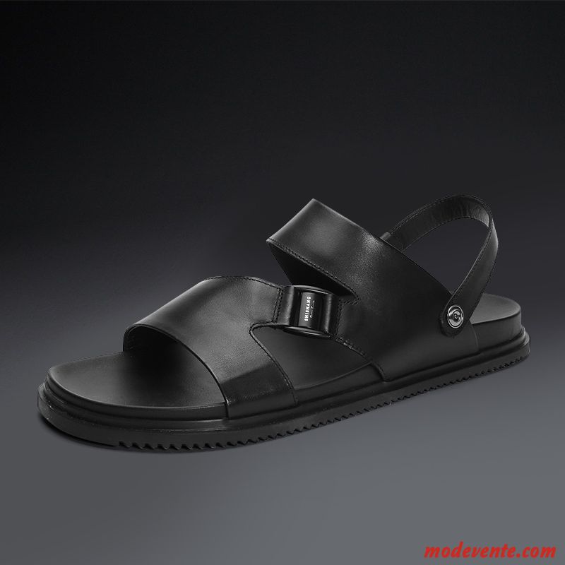 Sandales Homme Semelle Doux Plage Cuir Véritable Grande Taille Été Noir