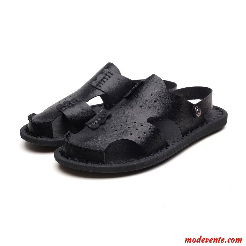 Sandales Homme Tendance Cuir Véritable Été Décontractée Conduite Semelle Doux Noir