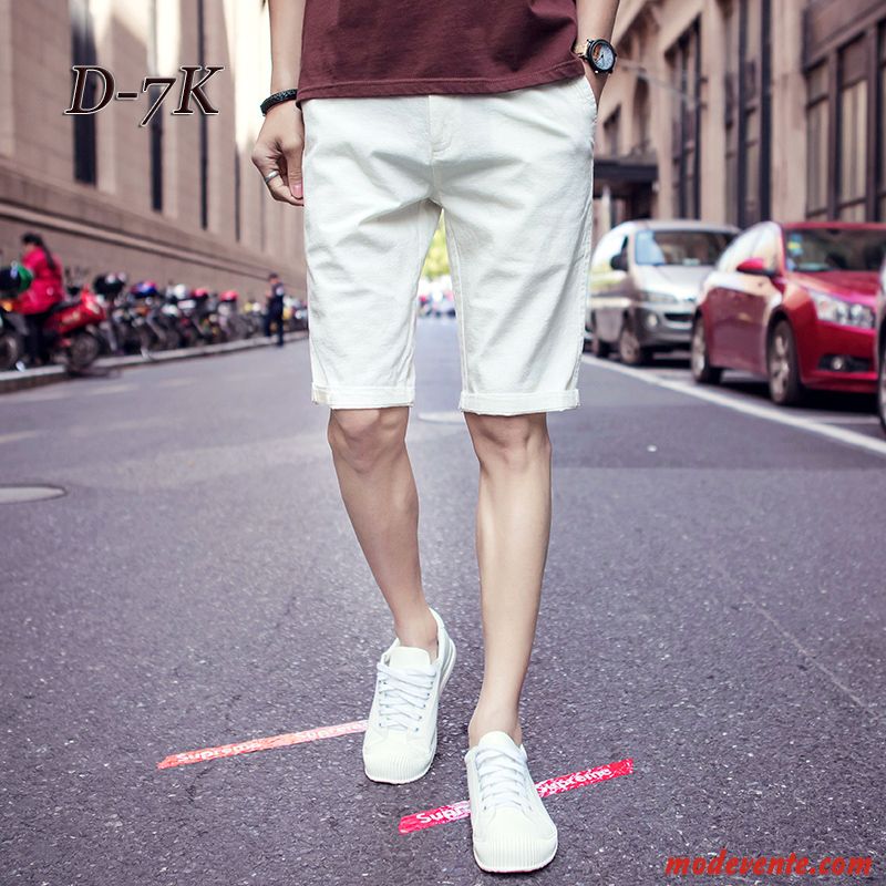 Shorts Homme Baggy Décontractée Lin Cuir Mince Tendance Blanc