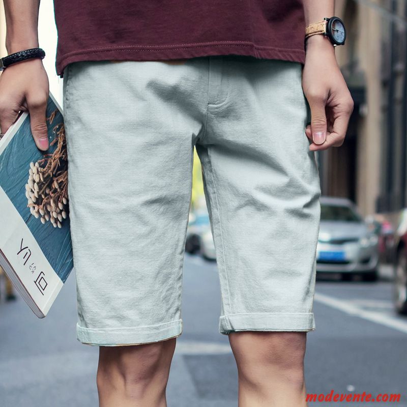 Shorts Homme Baggy Décontractée Lin Cuir Mince Tendance Blanc