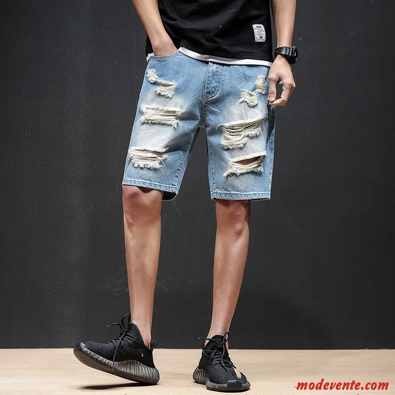 Shorts Homme Des Trous Dans Les Jeans Cinquième Pantalon Tendance Légère Été Décontractée Bleu