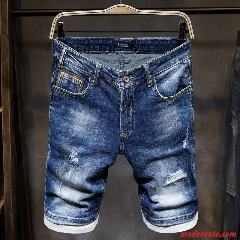 Shorts Homme Légère Des Trous Dans Les Jeans Extensible Cinquième Pantalon Été Tendance Bleu Clair