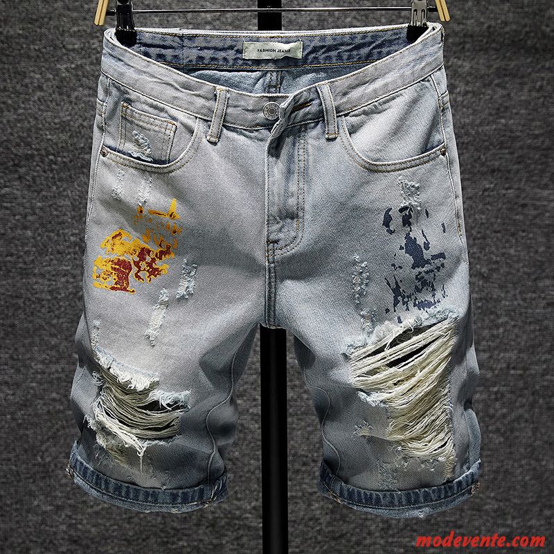 Shorts Homme Légère Des Trous Dans Les Jeans Extensible Cinquième Pantalon Été Tendance Bleu Clair