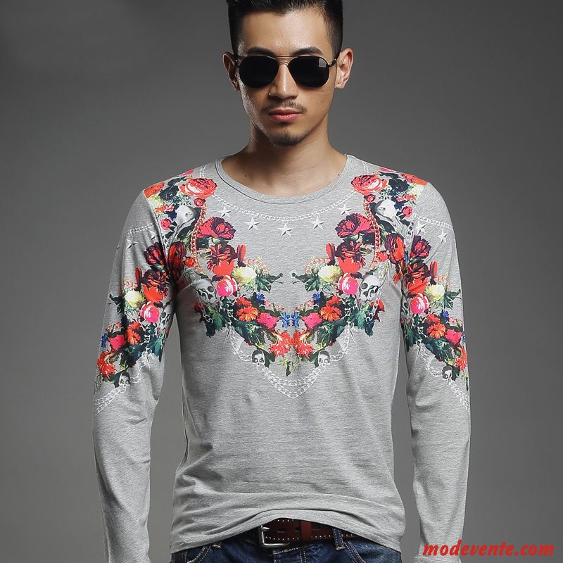 T-shirt Homme Longues Hiver Col Rond L'automne Clearance À Vendre Chemise En Bas Rose Impression Blanc