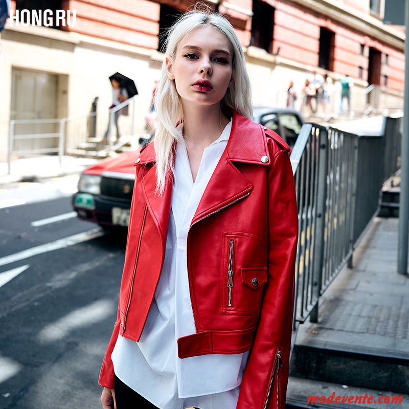 Veste En Cuir Femme Vestes En Cuir Printemps L'automne Manteau Vêtements Moto Court Rouge