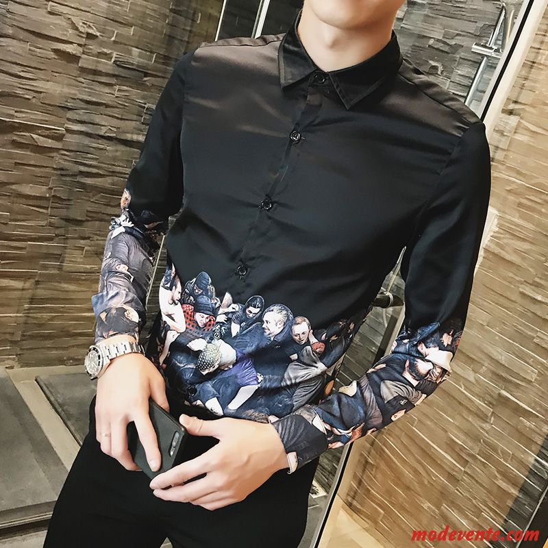 Chemise Homme Bétail Slim Fleur Décontractée Tendance Soie Noir